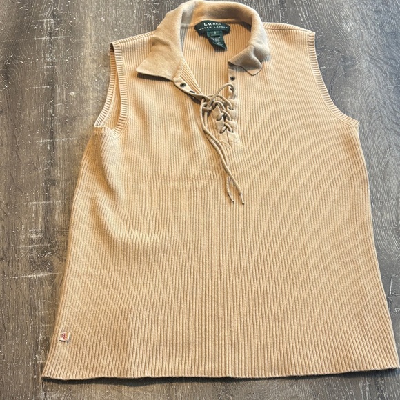 Ralph Lauren Beige Ribbed Lace-Up Top - Picture 3 of 6